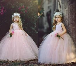Long Princess Pink Girls Pageant Dresses Handmade Flowers Lace Edge Romantic Kids Birthday Party Gowns Flower Girl Dress Custom Made