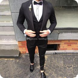 Handsome One Button Black Groom Tuxedos Peak Lapel Groomsmen Mens Wedding/Prom/Dinner Best Man Blazer (Jacket+Pants+Vest+Tie) K105