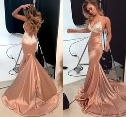 Sexy Dusty Rose Mermaid Evening Prom Dresses Spaghetti Strap Lace Soft Satin Dresses Evening Wear Robes De Cocktail Homecoming Graduation