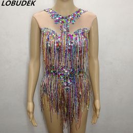 Colorful Tassels Rhinestones Bodysuit Sparkly Fringes Sleeveless Bodysuits Sexy Nightclub Women Dance Stage Wear Singer Performance Costumes