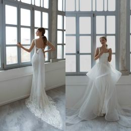 2020 Sexy Doria Karlozi vestidos de noiva com Overskes sem mangas pérolas Pérolas Abiti da Spassa Varredura de trem quadrado noiva vestido