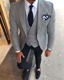 Houndstooth Groom Tuxedos Peak Lapel Slim Fit Groomsmen Mens Wedding Dress Excellent Man Jacket Blazer 3 Piece Suit(Jacket+Pants+Vest+Tie)13