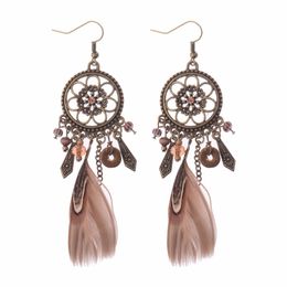 Amader Retro Dreamcatcher Shaped Feather Pendant Round Earrings For Women Ethnic Style Feather Earrings Orecchini Etnici