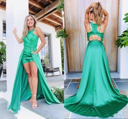 2020 Fashion Designer Short Jumpsuits Prom Pageant Dresses Jewel Unique Open Back Green Elegant Evening Formal Dress ogstuff Bridesmaid