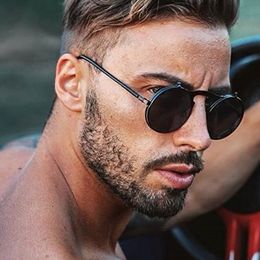 Luxury-mens retro steampunk circle vintage round flip up sunglasses women men punk style sunglass metal frame black sun glasses male uv400