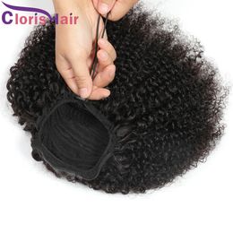 Afro Kinky Curly Drawstring Ponytail Malaysian Virgin Human Hair Clip In Extensions For Black Women Natural Color Curly Pony Tail Hairpiece