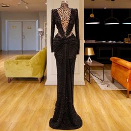 High Fashion Black Formal Evening Dresses Mermaid Arabic High Collar Sexy Prom Party Gowns Ruched Sequins Vestidos