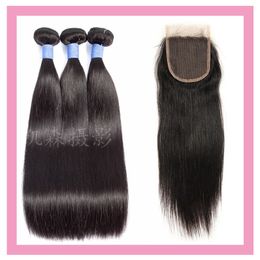 Brazilian Virgin Hair Silky Straight 3 Bundles With 4X4 Lace Closure Wholesale Baby Hair Closure Natural Colour