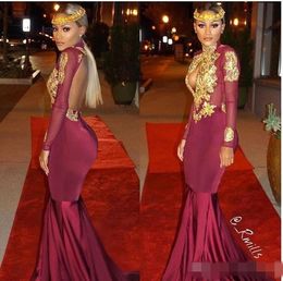 Black Girls Mermaid Prom Dresses Long Sleeves With Gold Lace Appliqued Sexy Backless Bury High Neck Formal Evening Wear Plus Size