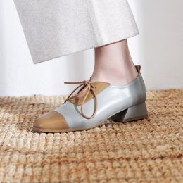 Hot Sale-2019 New Arrival Genuine Leather Women Loafers Shoes Fashion One Eye Lace-up Design 2 Colors Casual Shoes Two Color Patchwork