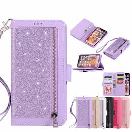 Multifunction Zipper Wallet Leather Glitter 9 Card Strap Stand Cover Case for iphone 11 pro max XS MAX XR 6 7 8 PLUS