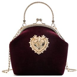 Female Velvet Pearl Handbag Shoulder Cross-body Bags Vintage Velour Heart Design Evening Bag Wedding Party Bride Clutch Bag Purse2290