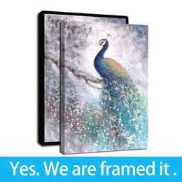 Framed Artwork Coloured Green Peacock Animal Oil Paintings HD Print on Canvas Wall Art Paintings Picture Poster for Home Decor