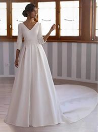 3/4 Sleeves A-line Modest Wedding Dresses Sleeved V Neck Lace Appliques Satin Simple Elegant Modest Bridal Gowns Custom Made