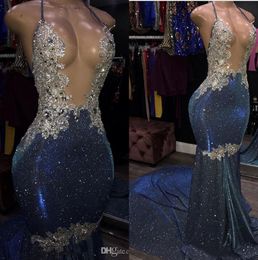 Sexy Sparkle Crystal Mermaid Prom Dresses 2020 Halter Sequins Beaded Backless Long Prom Gowns Halter Formal Party Dress Custom Made BC3568
