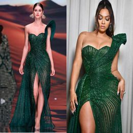 Dark Green One Shoulder Prom Dresses Shiny Illusion Beaded Sheath Evening Gowns Front Split robes de soirée Celebrity Party Dress