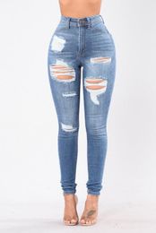 Women`s Single Knee Ripped Elasticity Dark Blue High Waisted Skinny Denim Jean Pants Women Jeans Plus Size Womans Female