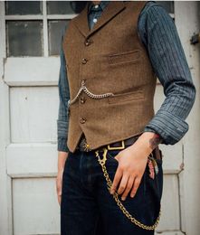 New Rustic Groom Vests Brown Men Vest 2020 Mens Wedding Waistcoat Casual Suit Vest Groom Gilet wool herringbone Male Social Formal301j