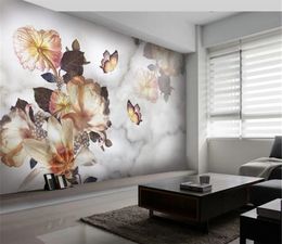 European modern fashion hand-painted flowers butterfly jazz white marble pattern decorative back wallpaper wall