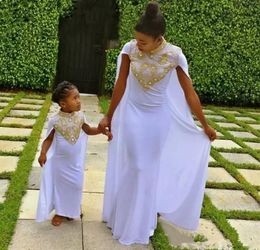 Arabic Girls Pageant Dresses Mother and Daughter Dresses Party Evening High Collar Fitted Long White Chiffon Gold Beaded Wear with Cape M79