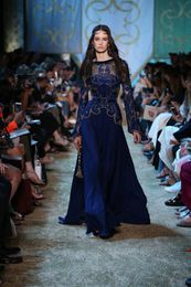 Evening dress Yousef aljasmi Kim kardashian Blue Chiffon Puffy sleeve Gold Crystals Appliques long dress Zuhair murad Ziadnakad 0013