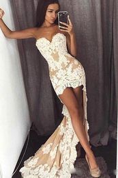 Sexy Champagne Sweetheart High Low Sheath Prom Dresses Lace Appliques Evening Party Gown Special Occasion Dress Formal Dress Evening Gowns