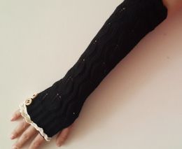 Fashion- Knitted Fingerless Gloves Ballet Dance Button Glove Burn Out Long Arm Warmers Cutout Fashion 7 Colors L63