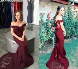 Sexy 2019 Burgundy Beads Sequined Mermaid Prom Dresses Evening Dresses Lace Applique Off Shoulder Floor Length Elegant Formal Dresses