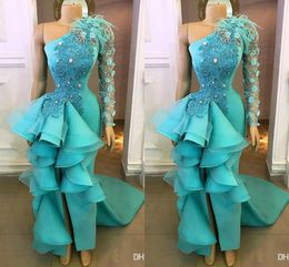 Prom Elegant Sheath Dresses One Shoulder High Side Split Handmade Flowers Ruffles Evening Dress Appliques Beaded Formal Party Gowns