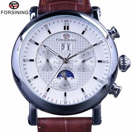watches men Forsining Fashion watch Tourbillion Design White Dial Moon Phase Calendar Display Mens Watches Top Brand Luxury Automatic Watch Clock high quality