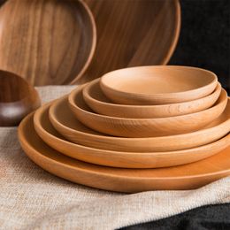 Kitchen Walnut Wood Round Dishes Safety Kids Food Plates Nature Wooden Tableware Multi Size Bread Cake Dishes Fruit Snack Plates VT1608