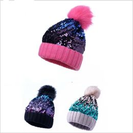 Winter Glitter Hats Fur Pompom Sequined Cap Beanies Girl Casual Warm Skullies Fashion Thick Knit Caps Sequin Hat Head warmer snow hat TL1460