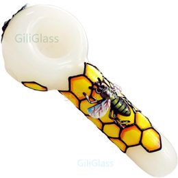 5 Inch Bee 3D Hand Pipes Heady dry herb tobacco Spoon Pipe with Coloured drawing honeycomb crack drop shipping wholesale