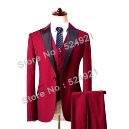 Real Picture Groomsmen Red Groom Tuxedos Peak Black Lapel Men Suits Wedding Best Man Bridegroom (Jacket + Pants + Vest) L231