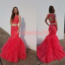 Sexy Hollow Beads Two Pieces Mermaid Prom Dresses Tiered Lace African Juniors Evening Party Robe De Soiree Plus Size Tulle Gowns Formal