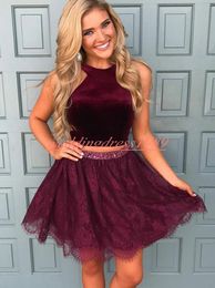 Modest Lace Two Pieces Homecoming Dresses With Beads Waist Knee Length African Short Burgundy Prom Dress Cocktail Party Club Wear Graduation
