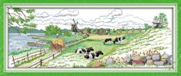 Pasture scenery cow lakeside home decor paintings ,Handmade Cross Stitch Embroidery Needlework sets counted print on canvas DMC 14CT /11CT