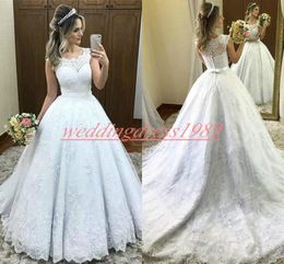 Exquisite Lace Plus Size Wedding Dresses With Applique Crew vestido de noiva Cheap Bridal Gown Ball Church Train A-Line Bride Marriage