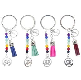 Seven colored beads yoga woman energy lotus tassel keychain -Tibetan silver charm pendant key chain ring DIY Fit Keychain 441