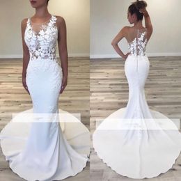 Vestidos de casamento de sereia simples 2019 primavera verão puro vestido nupcial botões de volta varrer trem vestidos barato