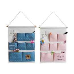 Cotton And Linen 7 Pocket Storage Hanging Bag With 2 Hooks Door Wall Organiser For Keys Sundries Multi-purpose Storage Bag