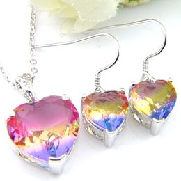 LuckyShine Rainbow Heart Crystal Zircon Sets Earring Pendants 925 Silver Necklace Watermelon tourmaline For Women Wedding Jewelry Set