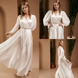 Sexy Silk Wedding Robes Gown For Women Deep Neck Beading Sash Custom Long Sleeve Lingerie Bridal Sleepwear Nightgown Bathrobes