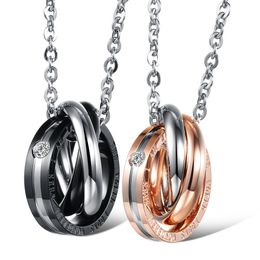 Colar de pingente de casal de amantes conectados com três anéis em aço inoxidável joias de aço titânio