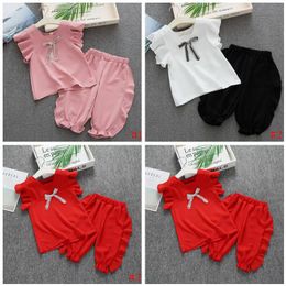 Kids Clothes Baby Girls Fly Sleeve Clothing Sets Summer Ruffle Short Sleeve T Shirt Lace Shorts Suits Outfits Child Boutique Clothing BYP726