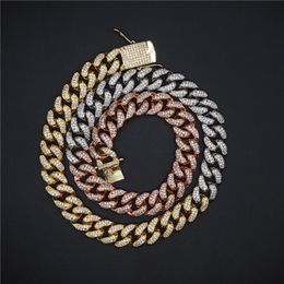 12mm 16/18/20/24/28inch Hotsale Hip Hop Men 3 Gold Colors Miami Cuban Chain Necklaces Diamond Iced Out Chian Necklaces