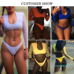 Wholesale-Long sleeve brazilian swimsuit female Mesh neon bikini micro Sexy push up swimwear women bathing suit Thong beach