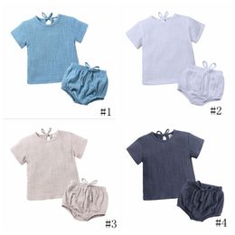 Kids Clothes Baby Solid Cotton Linen Clothing Sets Boys Girls Short Sleeve Top Shorts Suits Summer Breathable T Shirt PP Pants Suit B884