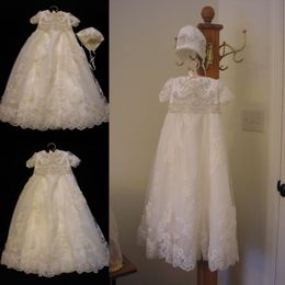 Sale Toddel Hot Christening Gowns Baby Jewel Neck Lace Applique Pearls Baptism Dresses Flower Girls Dress for Weddings with Bonnet