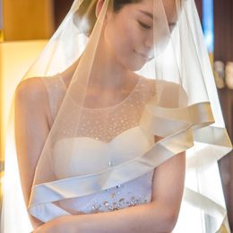 New High Quality Fashion Designer Elegant Ribbon Edge White Ivory Black Hip Length Two Layer Wedding Veil Alloy comb Meidingqianna Brand